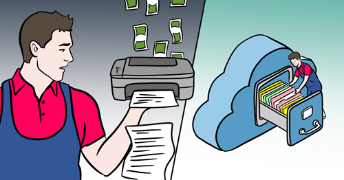 Eine Illustration, die zeigt, wie ein Unternehmer einen Drucker hochhält, der kontinuierlich Papier ausdruckt und somit Geld verschwendet. Auf der anderen Seite findet ein Unternehmer in seiner Cloud-Dateiablage alle notwendigen Unterlagen und ist somit papierlos.